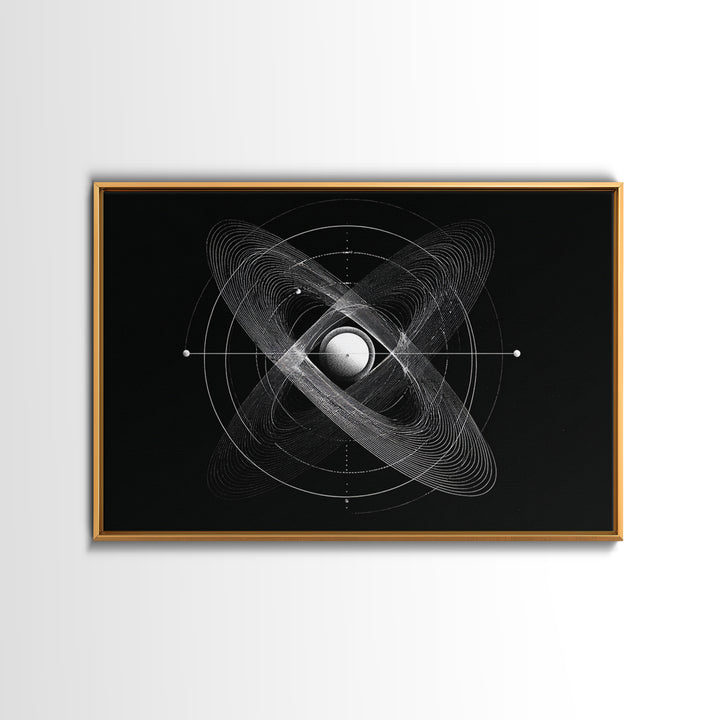 Atomic Sphere Orbit Canvas Print, Black And White Space Art, Geometric Wall Art, Modern Abstract Poster, Science Office Decor