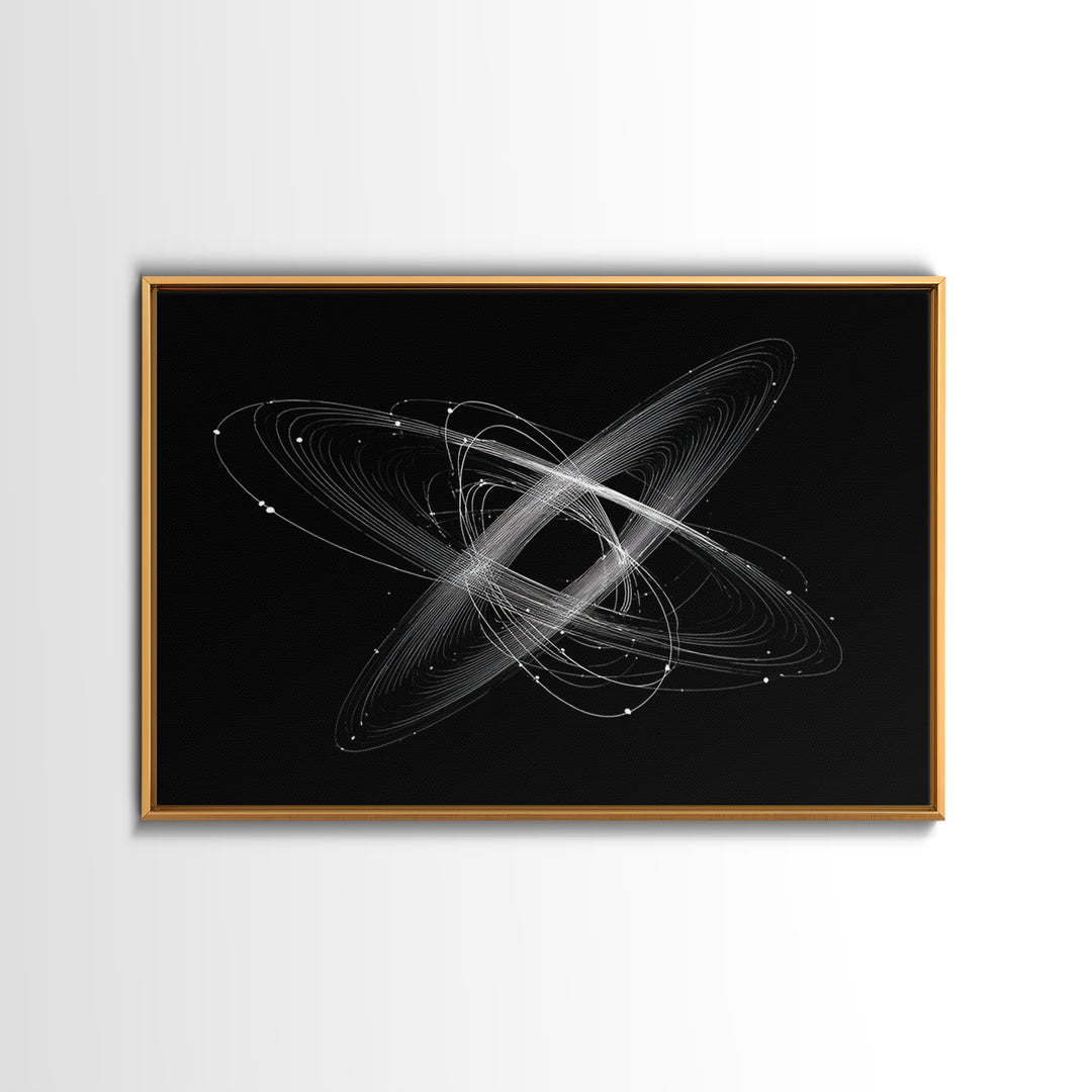Tilted White Orbital Atom Wall Art, Minimalist Space Abstract Art Print, Modern Geometric Poster, Black Sci Fi Office Decor