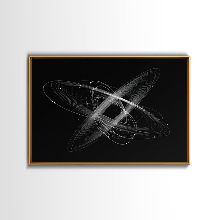 Tilted White Orbital Atom Wall Art, Minimalist Space Abstract Art Print, Modern Geometric Poster, Black Sci Fi Office Decor