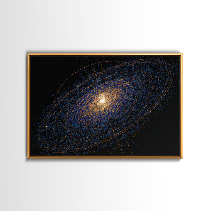 Blue Orange Spiral Galaxy Framed Canvas Print, Cosmic Space Abstract Art, Modern Wall Art, Digital Science Poster, Office Decor