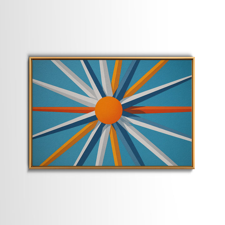 Orange Sunburst Geometric Wall Art, Midcentury Modern Art Print, Blue Teal Atomic Poster, Retro Modern Living Room Decor