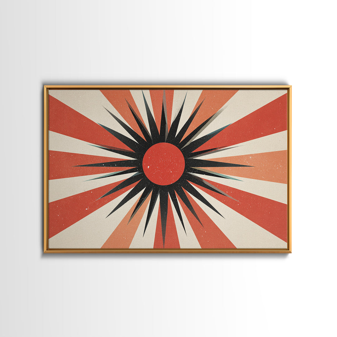 Red Black Retro Sunburst Wall Art, Midcentury Atomic Art Print, Orange Cream Geometric Poster, 60s Modern Living Room Wall Decor