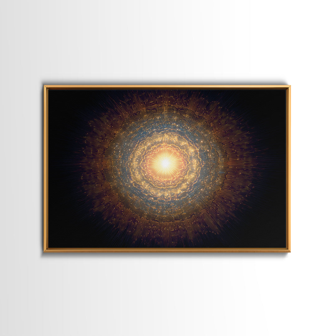 Golden Cosmic Mandala Framed Canvas Print, Abstract Spiritual Art, Modern Wall Art, Radiant Space Poster, Meditation Decor