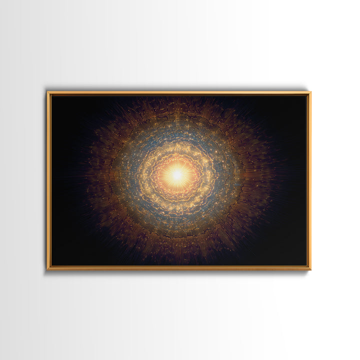 Golden Cosmic Mandala Framed Canvas Print, Abstract Spiritual Art, Modern Wall Art, Radiant Space Poster, Meditation Decor
