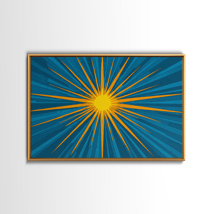 Blue Yellow Pop Art Sunburst Wall Art, Midcentury Modern Decor, Retro Geometric Print, Atomic MCM Living Room Decor Gift