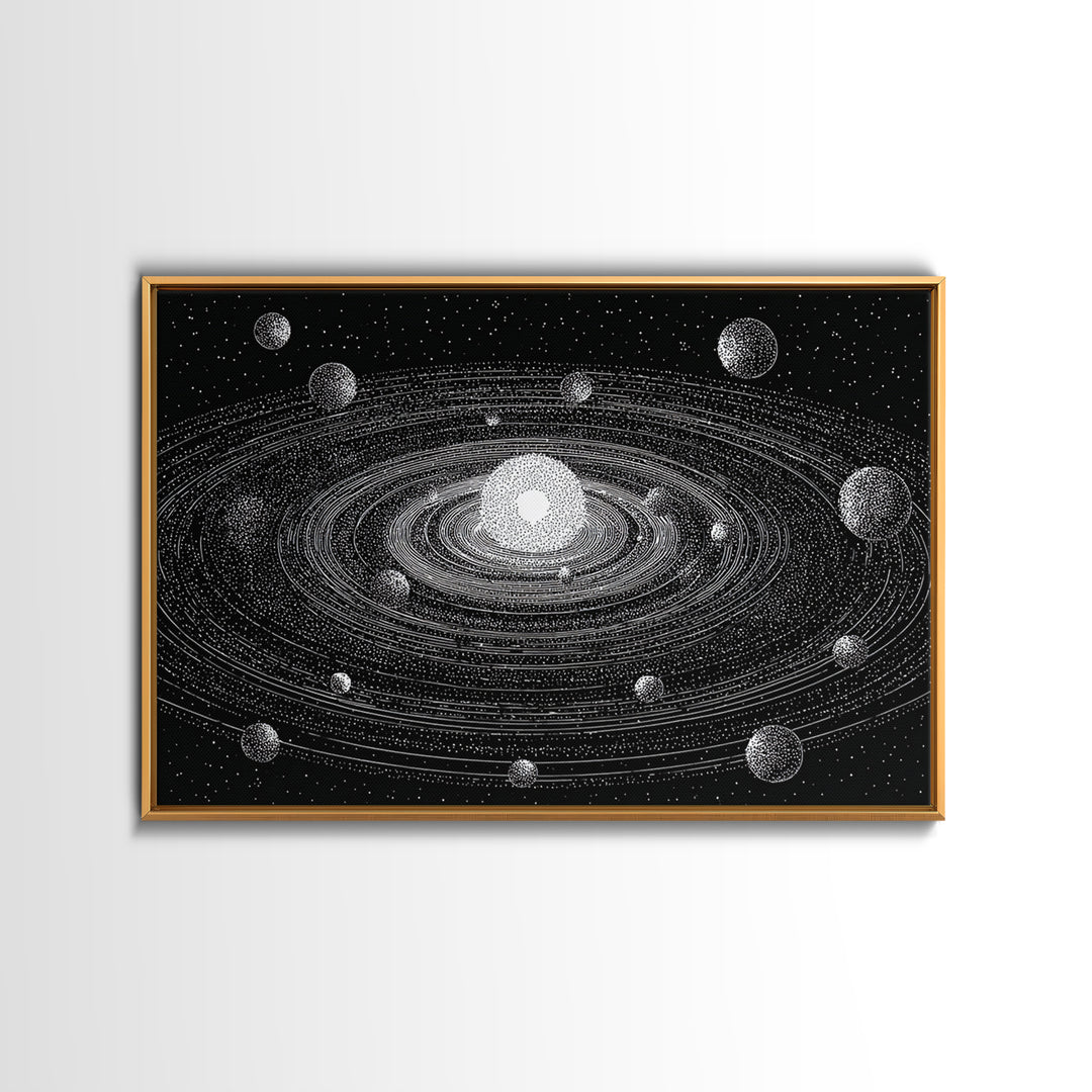Black White Solar System Framed Canvas Print, Retro Sci Fi Wall Art, Midcentury Space Poster, Astronomy Office Decor Gift