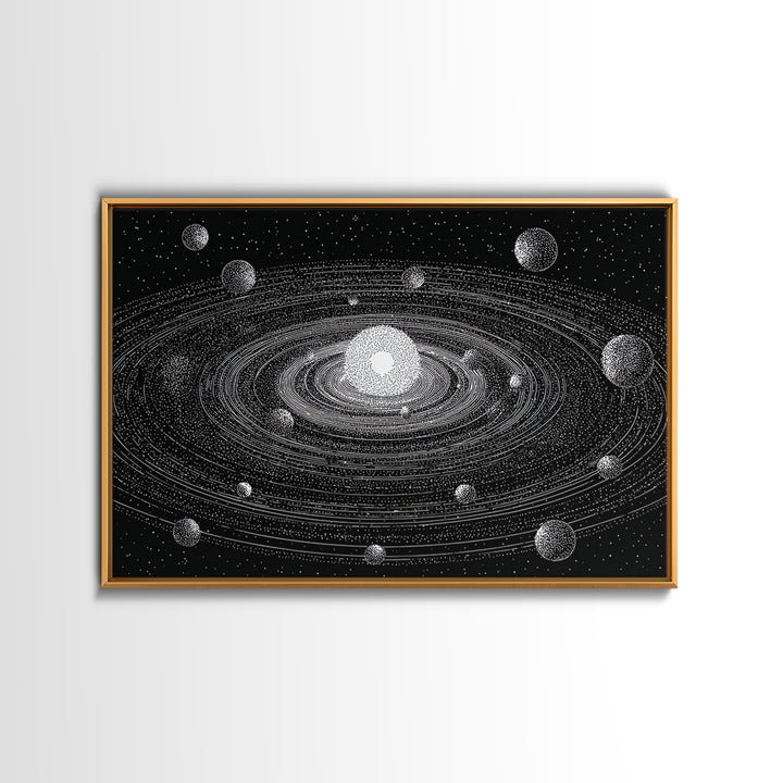 Black White Solar System Framed Canvas Print, Retro Sci Fi Wall Art, Midcentury Space Poster, Astronomy Office Decor Gift