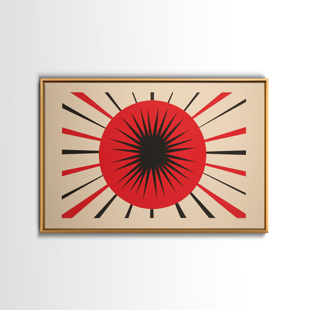 Red Black Atomic Sun Wall Art, Midcentury Modern Decor, Retro Geometric Print, Starburst MCM Office Decor Canvas Print Gift