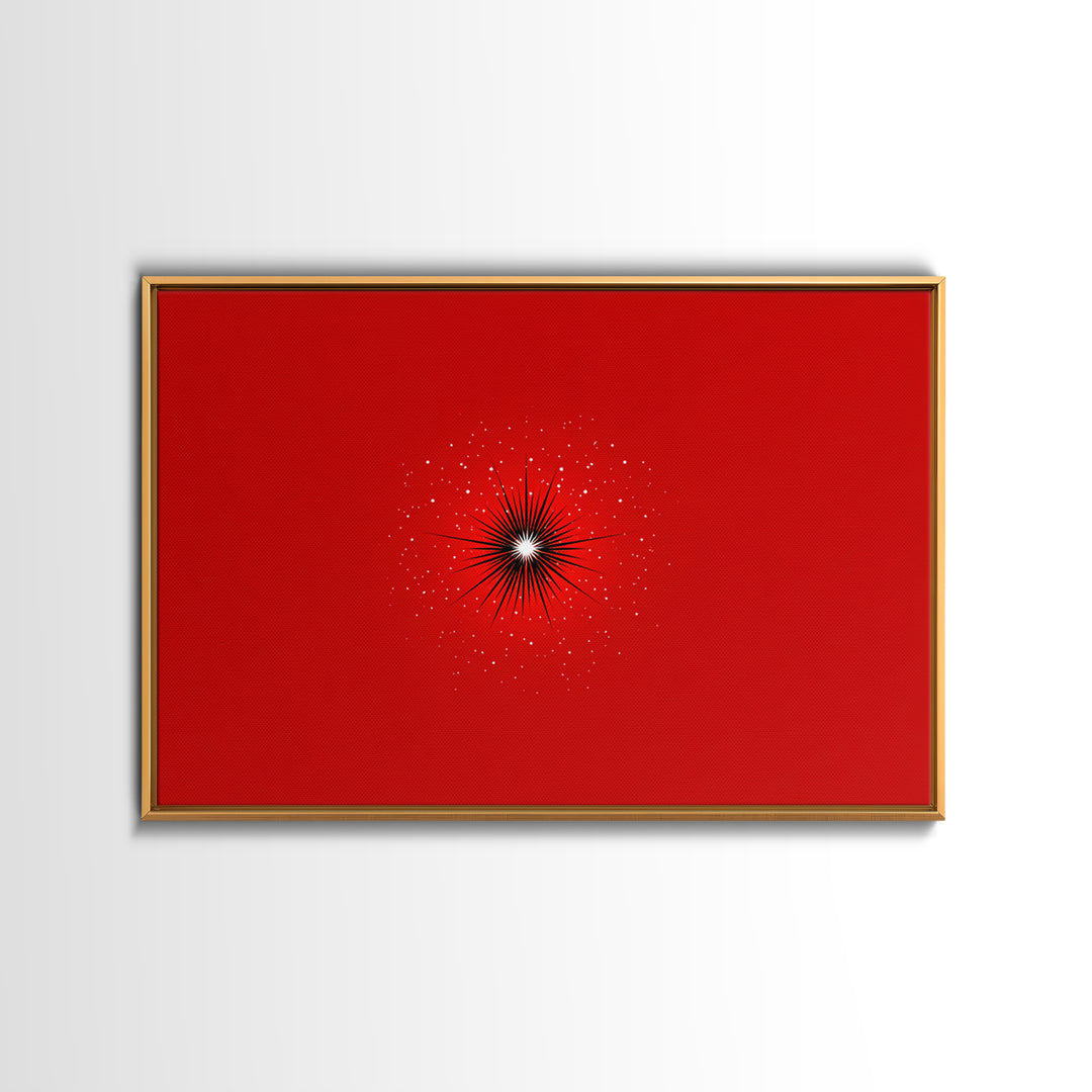 Minimal Red Starburst Wall Art, Modern Abstract Art Print, Retro Space Poster, Black White Spark Decor, Bold MCM Home Decor Gift