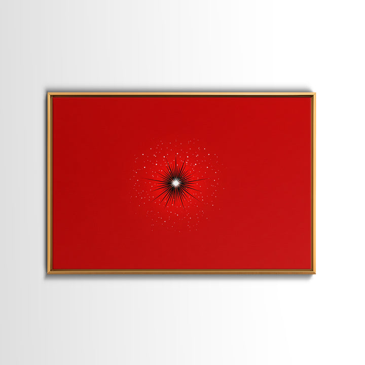 Minimal Red Starburst Wall Art, Modern Abstract Art Print, Retro Space Poster, Black White Spark Decor, Bold MCM Home Decor Gift