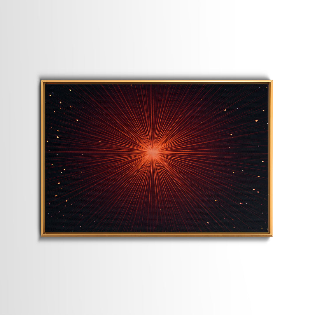 Radiant Red Starburst Light Rays In Black Space Canvas Print, Retro Futuristic Wall Decor, Modern Abstract Art For Living Room