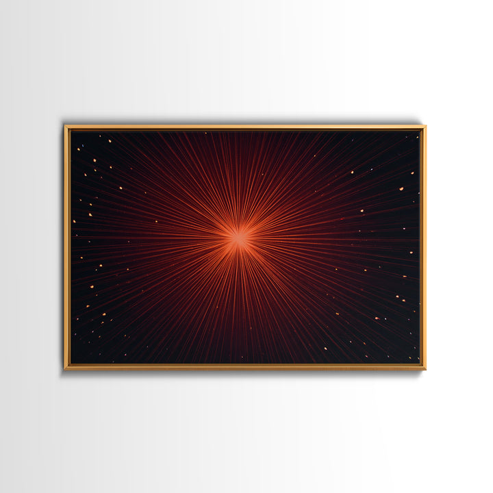 Radiant Red Starburst Light Rays In Black Space Canvas Print, Retro Futuristic Wall Decor, Modern Abstract Art For Living Room