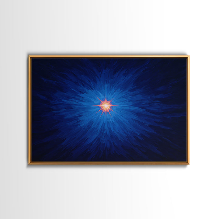 Electric Blue Cosmic Burst With Orange Star Center Canvas Print, Modern Abstract Art, Space Wall Decor For Bedroom And Office