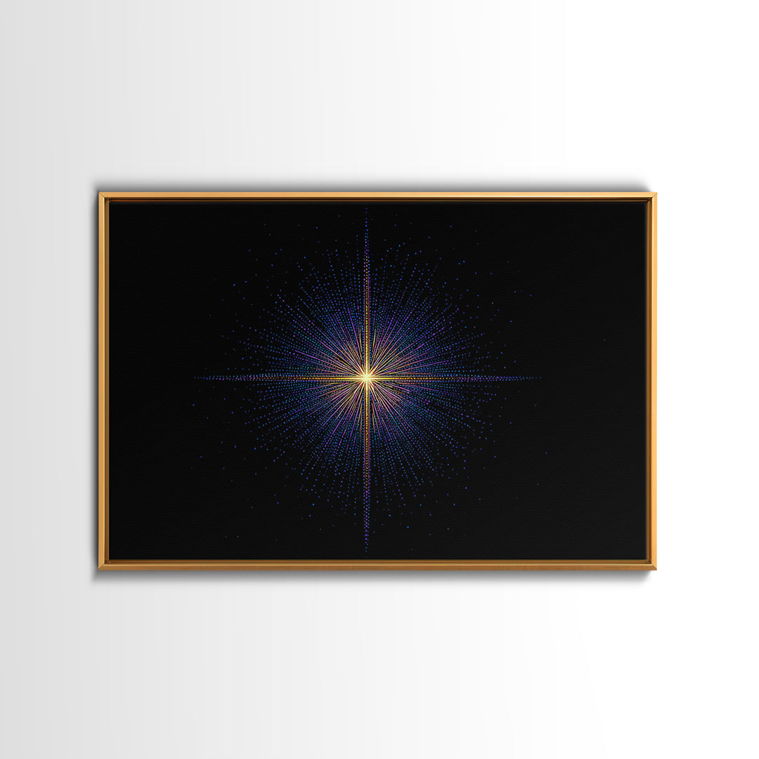 Neon Dotted Starburst On Black Space Wall Art, Retro Futuristic Digital Art Print, Modern Geometric Decor For Office And Studio