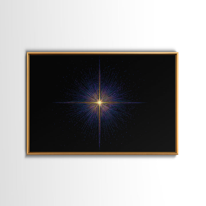 Neon Dotted Starburst On Black Space Wall Art, Retro Futuristic Digital Art Print, Modern Geometric Decor For Office And Studio