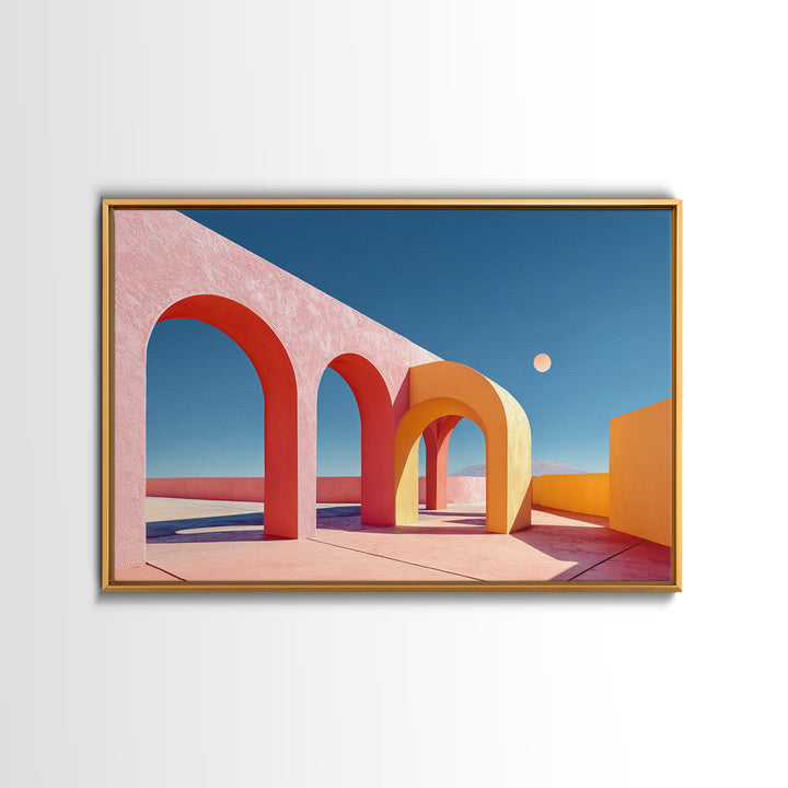 Pink Desert Arches With Orange Moon Framed Canvas Print, Midcentury Modern Wall Art, Architectural Decor For Living Room