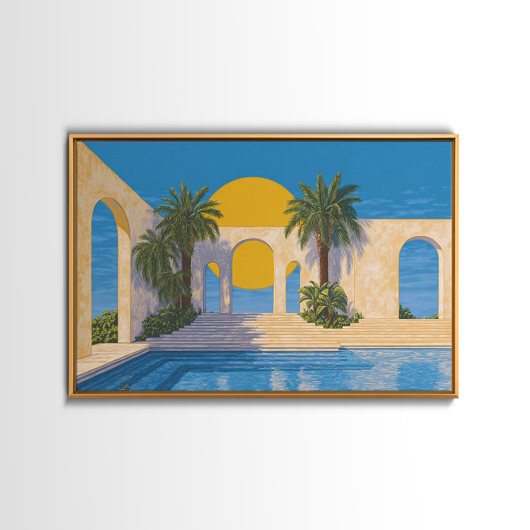 Tropical Palm Pool With Sunlit Arches Canvas Print, Palm Springs Wall Art, Midcentury Modern Decor For Beach House Patio