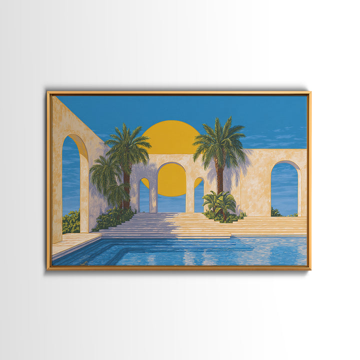 Tropical Palm Pool With Sunlit Arches Canvas Print, Palm Springs Wall Art, Midcentury Modern Decor For Beach House Patio