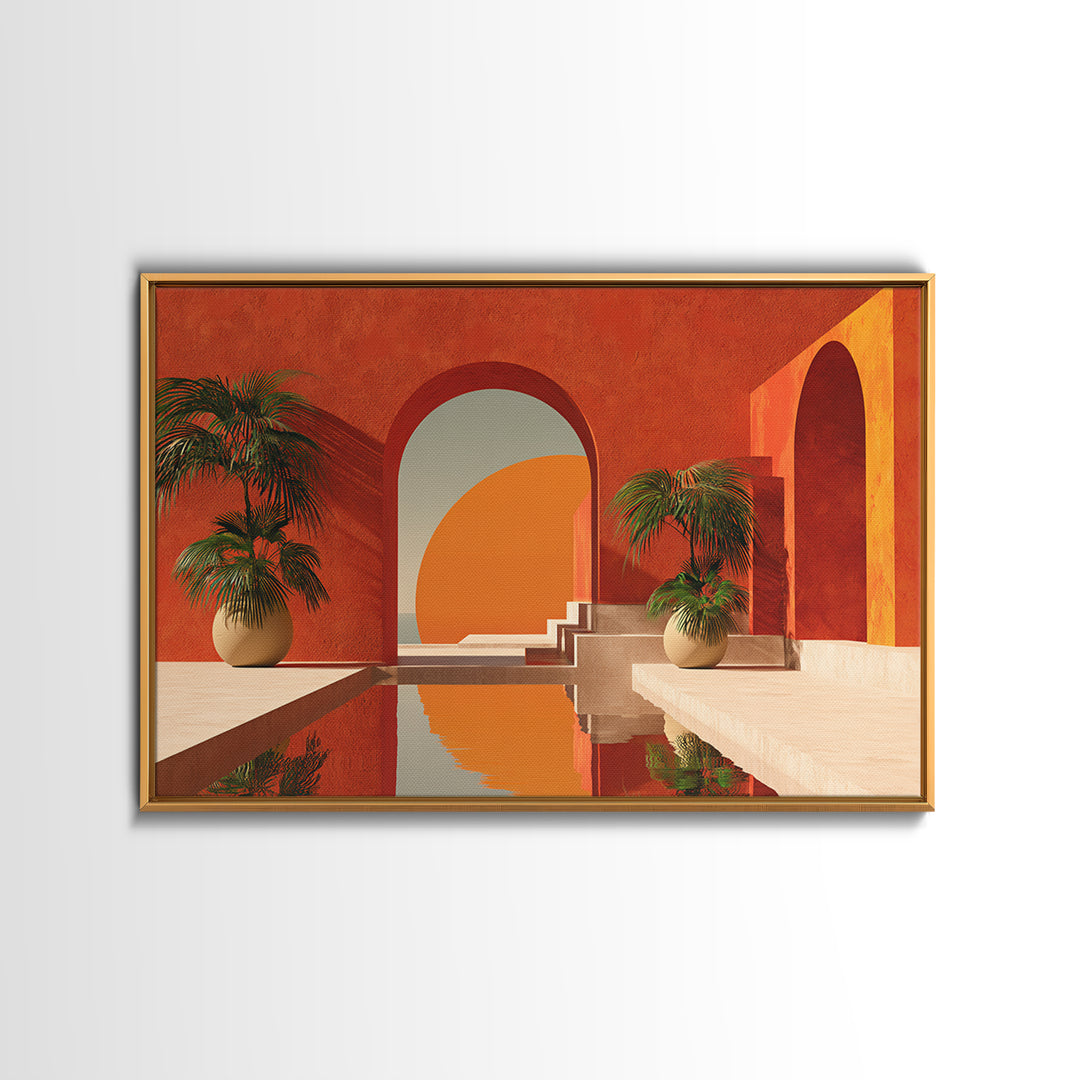 Terracotta Courtyard With Palms And Reflecting Pool Canvas Print, Modern Wall Art, Southwestern Decor For Living Room And Entry