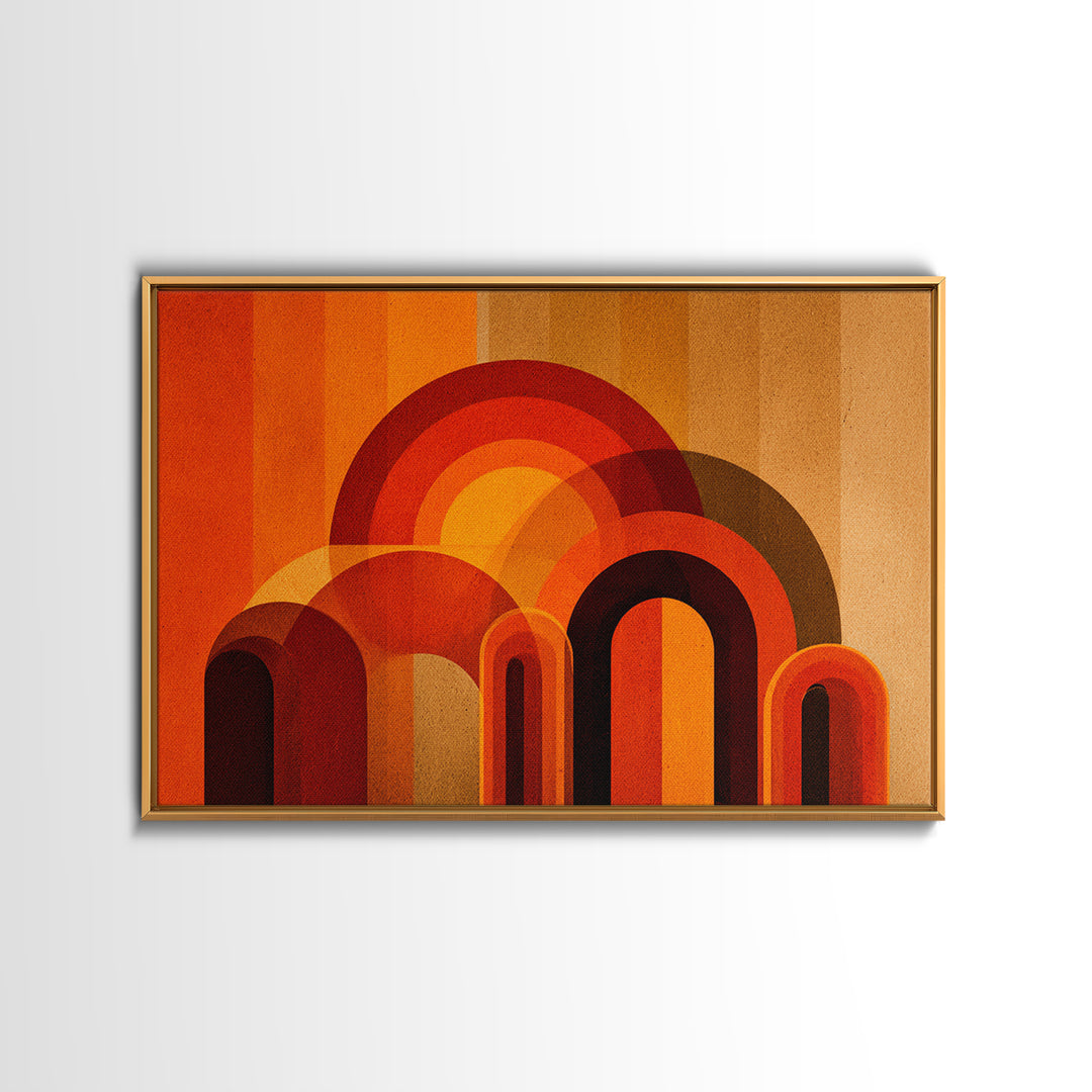 Retro Orange Abstract Arches And Circles Wall Art, Midcentury Modern Geometric Print, Bold 70s Decor For Living Room And Office