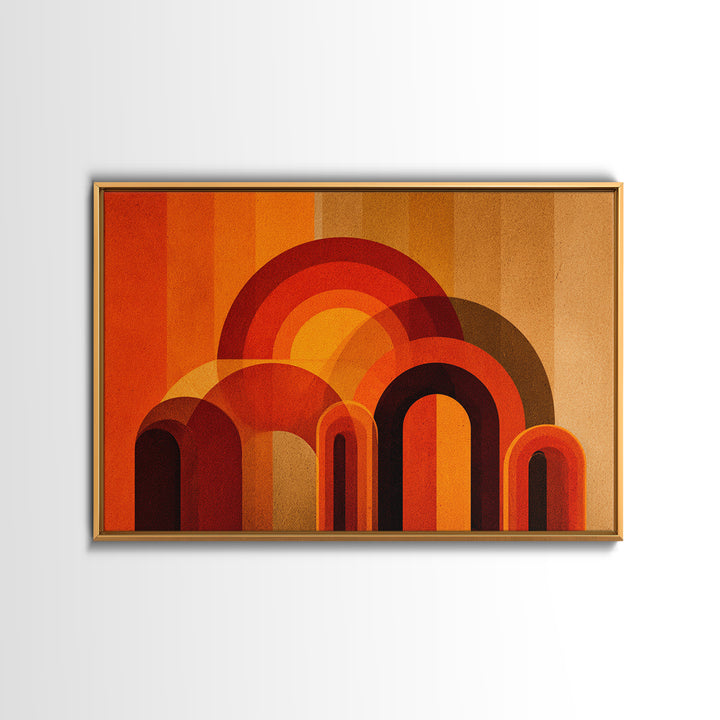 Retro Orange Abstract Arches And Circles Wall Art, Midcentury Modern Geometric Print, Bold 70s Decor For Living Room And Office