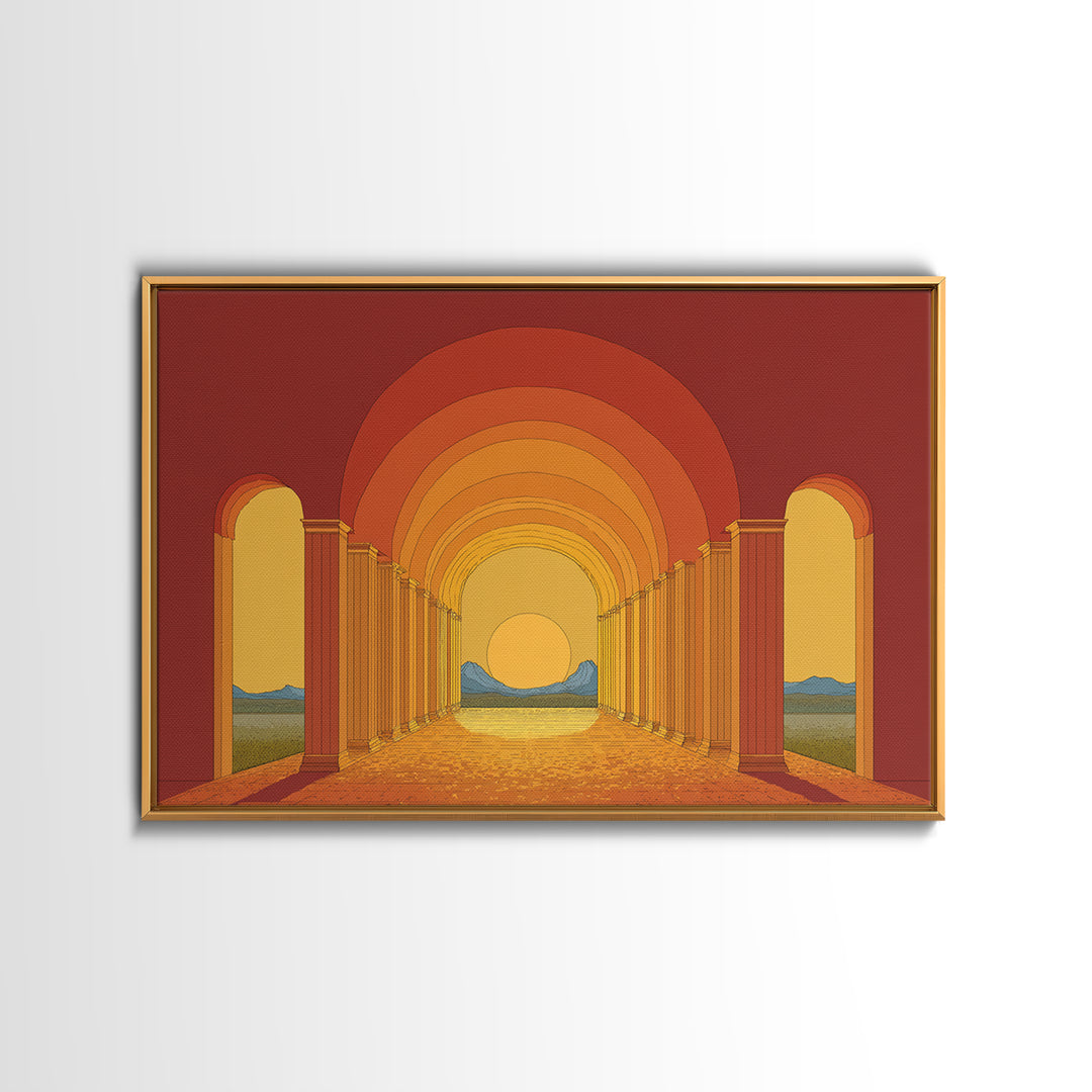 Sunset Arcade Colonnade In Orange Desert Wall Art, Midcentury Modern Architectural Print, Retro Home Decor For Hallway And Entryway
