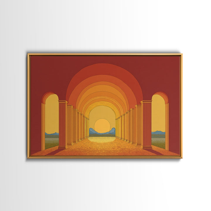 Sunset Arcade Colonnade In Orange Desert Wall Art, Midcentury Modern Architectural Print, Retro Home Decor For Hallway And Entryway