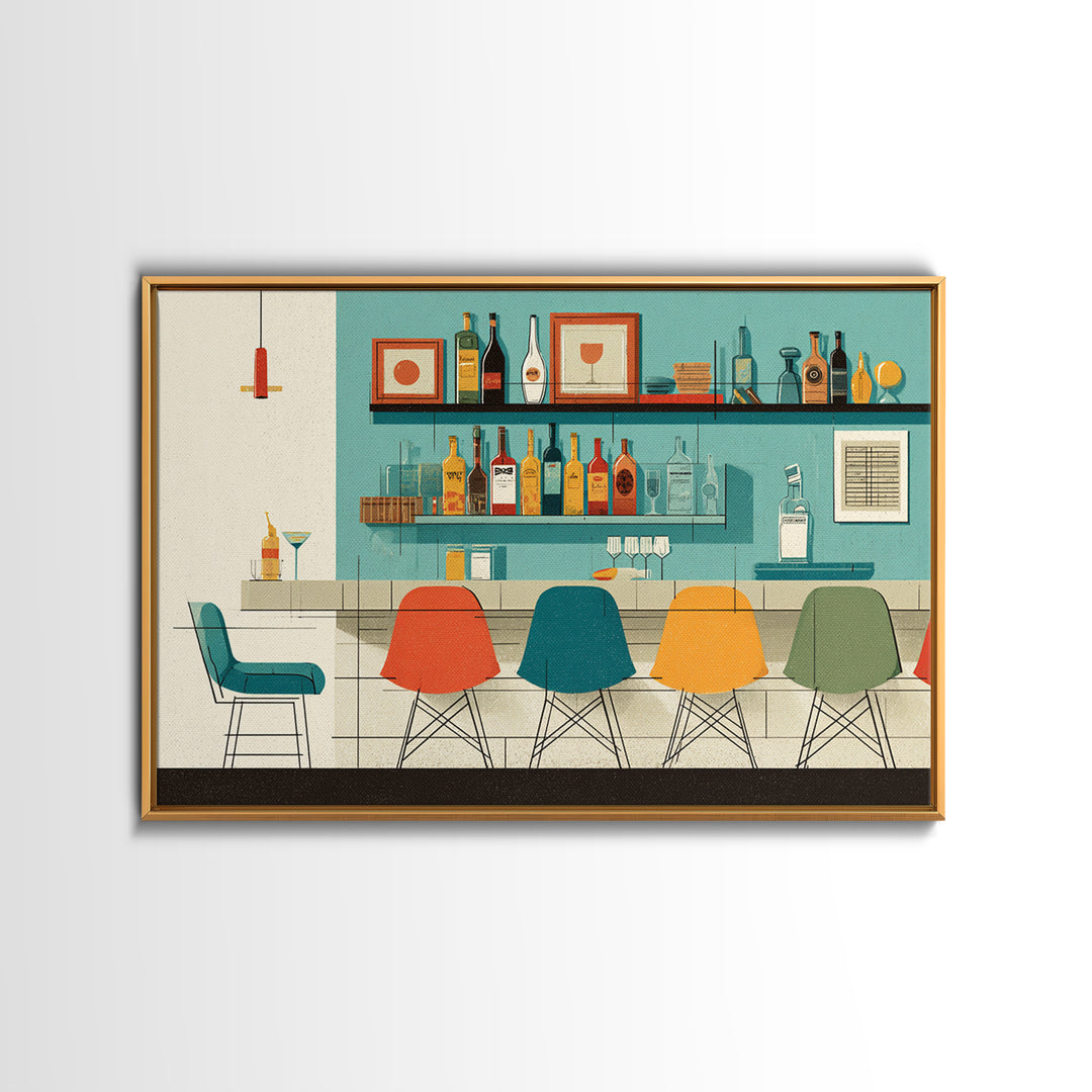 Minimal Cocktail Lounge With Color Chairs Wall Art, Midcentury Modern Art Print, Retro Bar Poster, MCM Kitchen Decor, Cafe Wall Art