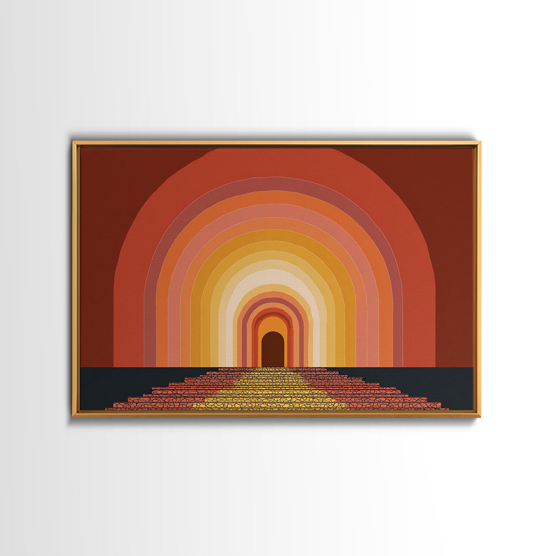 Rainbow Tunnel Arches With Stairway To Light Framed Canvas Print, Retro Wall Art, 70s Geometric Decor For Living Room And Office