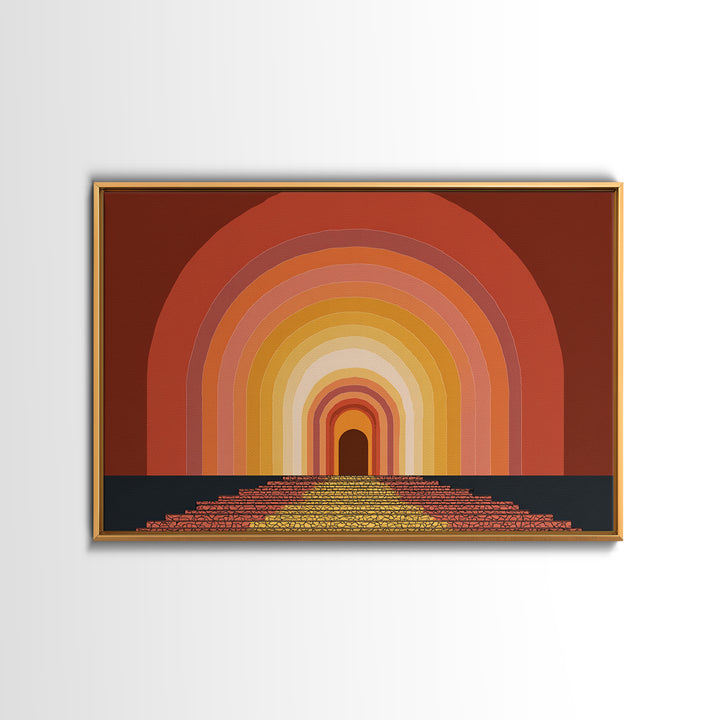 Rainbow Tunnel Arches With Stairway To Light Framed Canvas Print, Retro Wall Art, 70s Geometric Decor For Living Room And Office