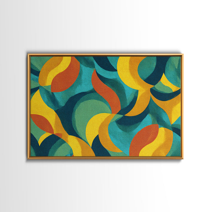 Teal Yellow Rust Crescent Shapes Framed Canvas Print, Midcentury Modern Art, Retro Geometric Wall Decor, Colorful Home Poster