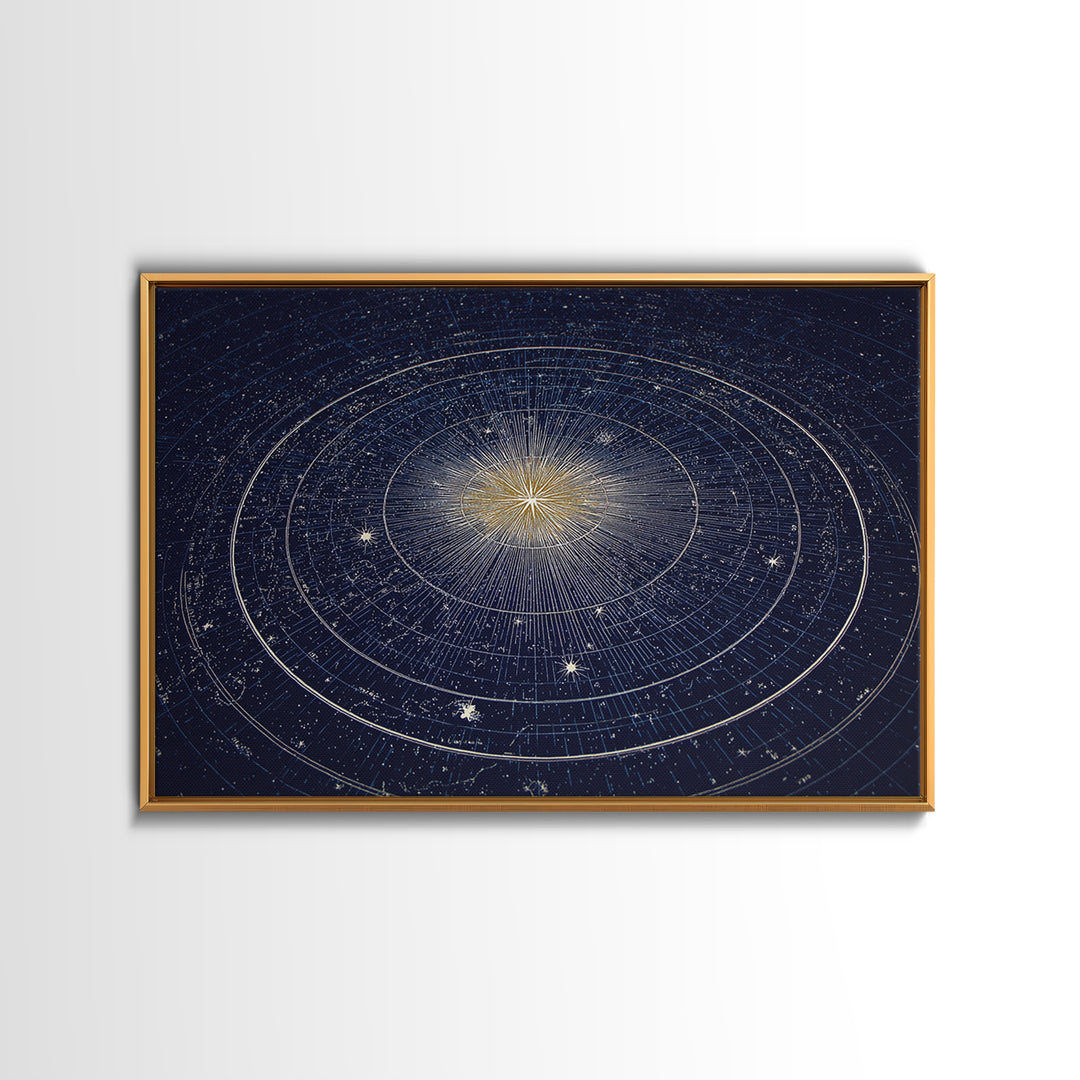 Navy Gold Celestial Compass Framed Canvas Print, Star Map Wall Art, Modern Cosmic Decor, Astronomy Home Office Poster Gift
