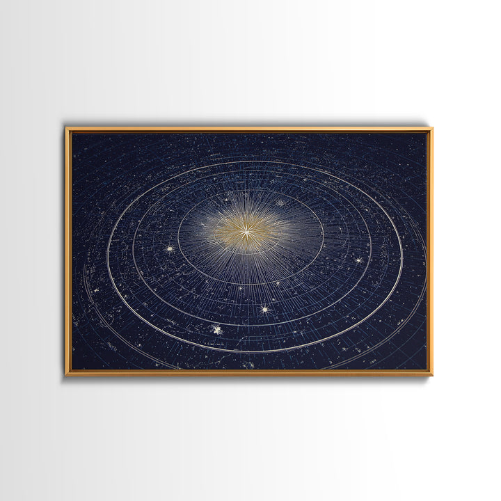 Navy Gold Celestial Compass Framed Canvas Print, Star Map Wall Art, Modern Cosmic Decor, Astronomy Home Office Poster Gift