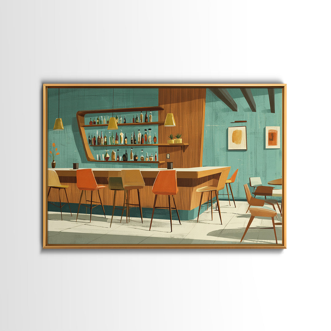 Wood And Teal Modernist Lounge Bar Wall Art, Midcentury Modern Canvas Print, Retro Cocktail Poster, Scandinavian Decor, MCM Decor