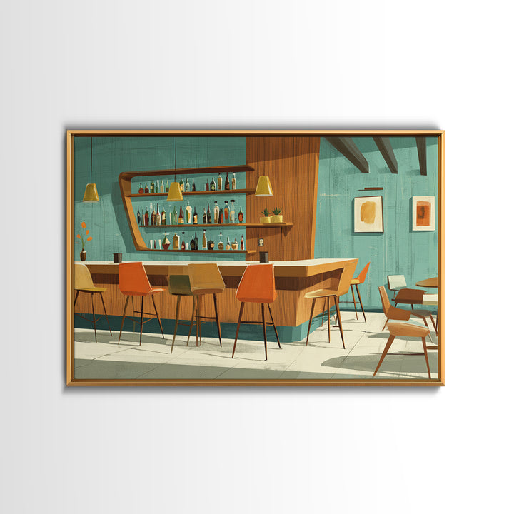 Wood And Teal Modernist Lounge Bar Wall Art, Midcentury Modern Canvas Print, Retro Cocktail Poster, Scandinavian Decor, MCM Decor