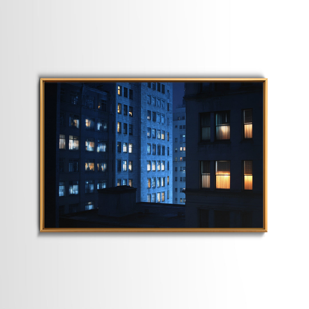 Blue City Apartment Windows Wall Art, Urban Night Photography Print, Modern Wall Decor, Bedroom Art, Home Office Decor, Blue Art