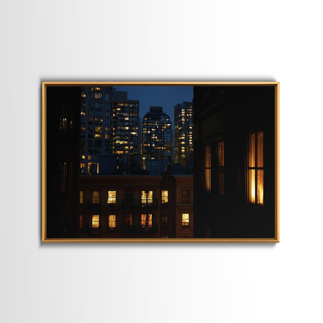 Warm Lit City Windows Wall Art, Urban Night Photography Print, Modern Home Decor, Apartment Decor, Living Room Art, Blue Art