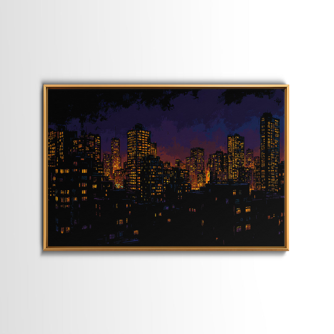 Purple City Skyline At Dusk Canvas Print, Urban Night Poster, Modern Wall Art, Retro Decor, Living Room Decor, Blue Art, Wall Decor