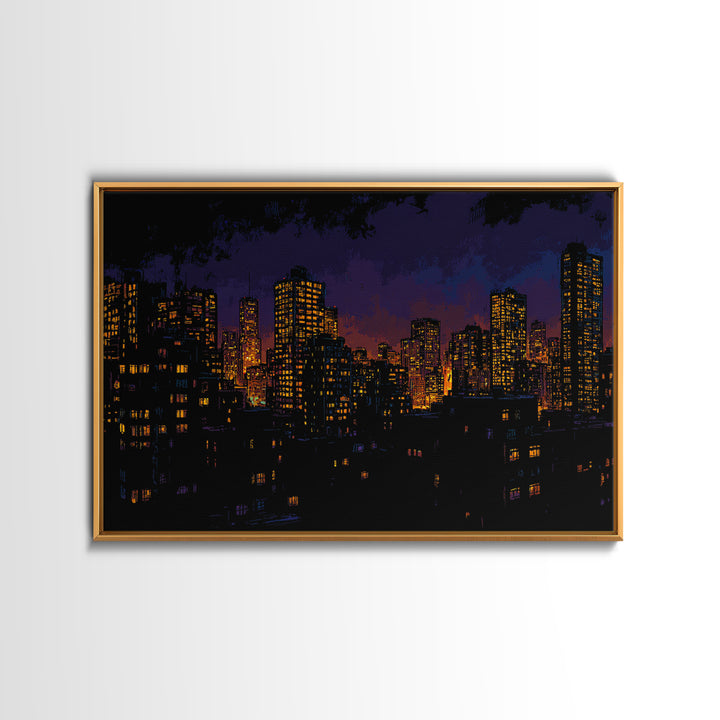 Purple City Skyline At Dusk Canvas Print, Urban Night Poster, Modern Wall Art, Retro Decor, Living Room Decor, Blue Art, Wall Decor