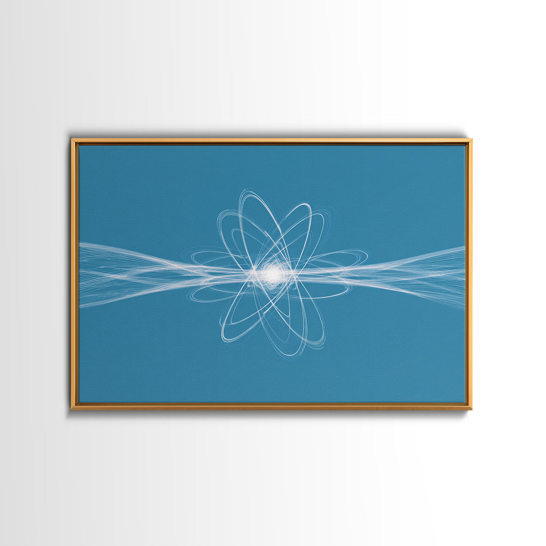 White Atom Energy Lines Canvas Print, Blue Scientific Abstract Art, Modern Wall Decor, Office Decor, Minimalist Art Print