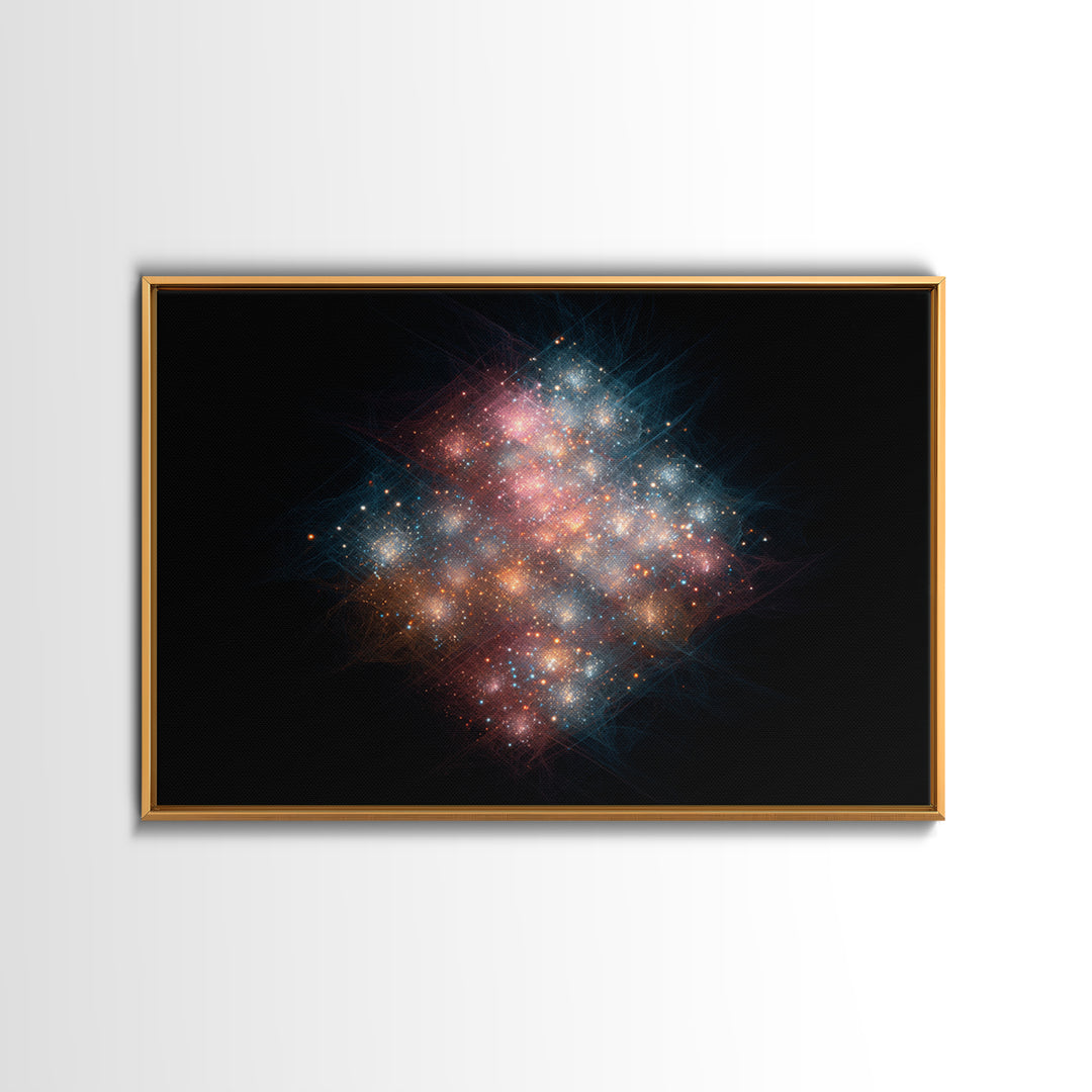 Glowing Cosmic Nebula Particle Cluster Framed Canvas Print, Space Abstract Art, Modern Wall Art, Galaxy Decor, Statement Piece