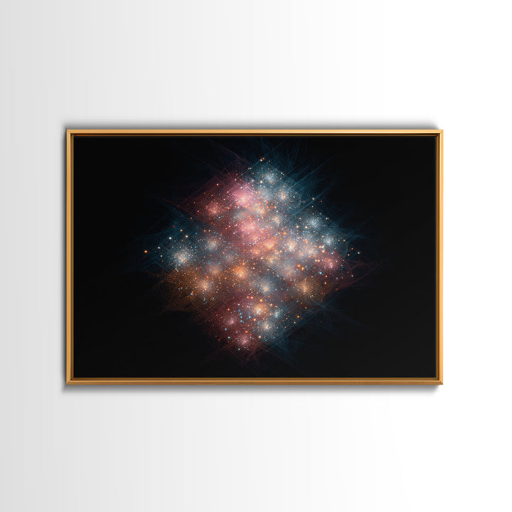 Glowing Cosmic Nebula Particle Cluster Framed Canvas Print, Space Abstract Art, Modern Wall Art, Galaxy Decor, Statement Piece