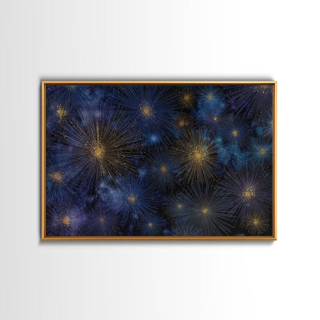 Blue Gold Cosmic Starburst Fireworks Canvas Print, Modern Abstract Art, Space Wall Art, Dark Navy Office Decor, Giclee Print