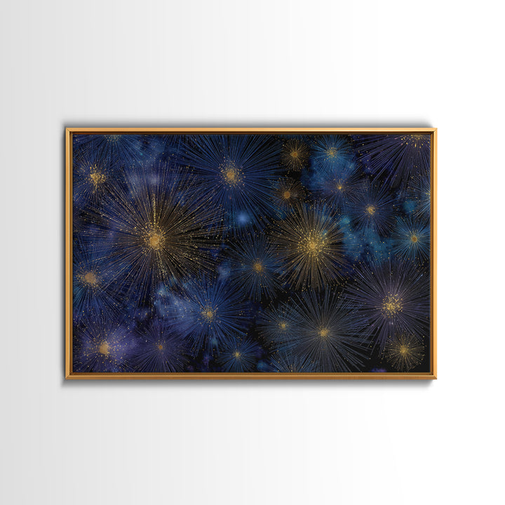 Blue Gold Cosmic Starburst Fireworks Canvas Print, Modern Abstract Art, Space Wall Art, Dark Navy Office Decor, Giclee Print