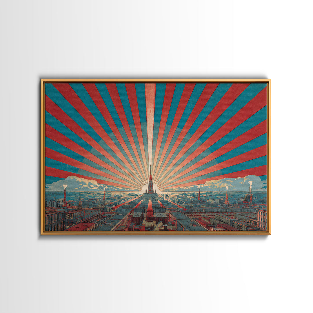 Retro City Skyline Sunburst Wall Art, Art Deco Poster, Midcentury Modern Wall Decor, Teal Red Architectural Print, Living Room Decor