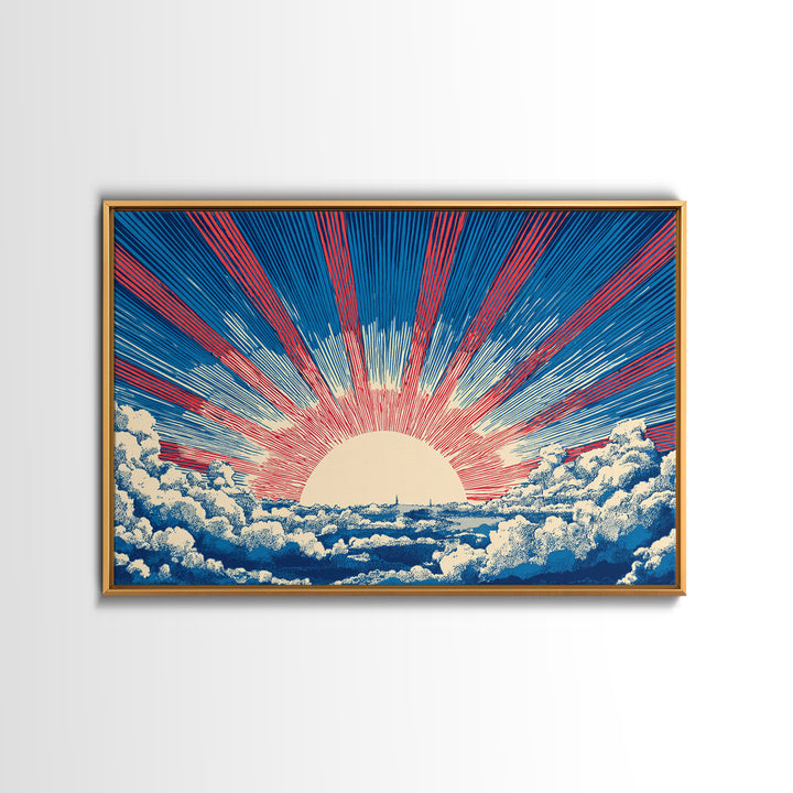 Radiant Sun Above Cloud Sea Canvas Print, Midcentury Modern Art, Retro Sun Poster, Blue Red Rays For Bedroom Wall Decor Prints