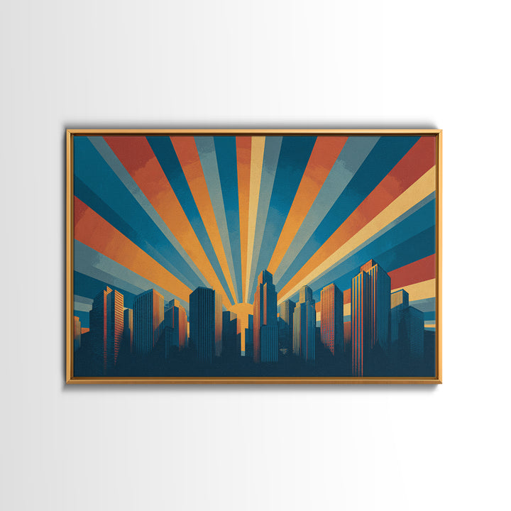 Retro City Skyline Sunrise Rays Wall Art, Midcentury Modern Poster, Urban Modern Art Print For Office And Living Room Decor