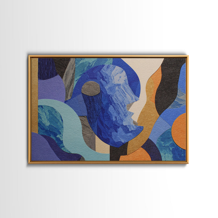 Cubist Blue Profile Face Abstract Wall Art, Modern Contemporary Collage Print, Geometric MCM Artwork For Bedroom Decor Gift