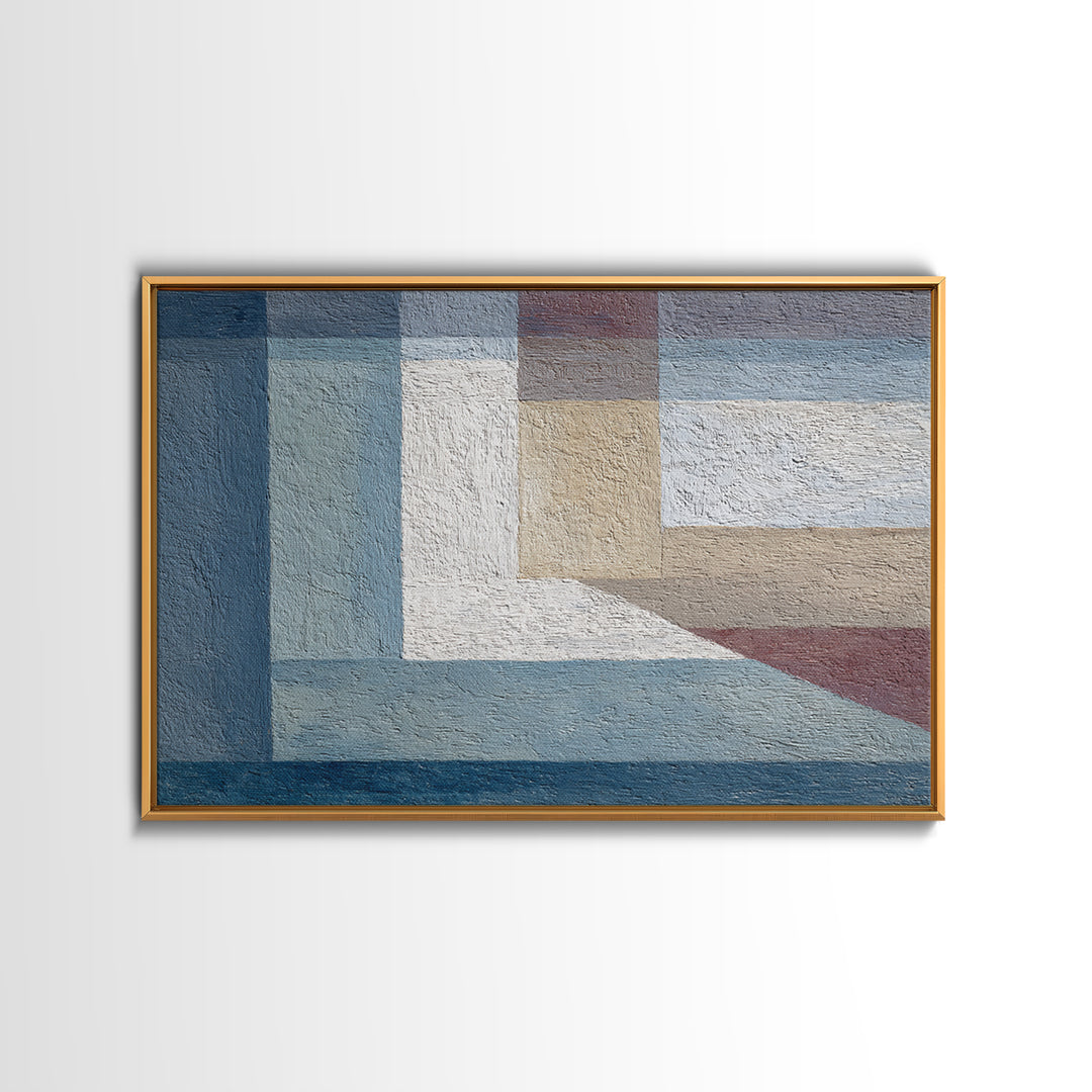 Muted Blue Beige Geometric Blocks Framed Canvas Print, Minimalist Modern Abstract Art, Neutral Wall Decor For Living Room