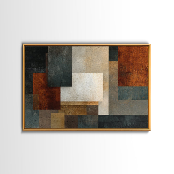 Textured Geometric Blocks In Rust Blue And Cream Wall Art, Midcentury Modern Abstract Art Print, MCM Living Room Decor Gift
